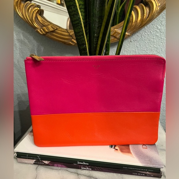 CELINE Clutch Hot Pink & Orange Color Blocking Soft Leather Pochette - Picture 1 of 13